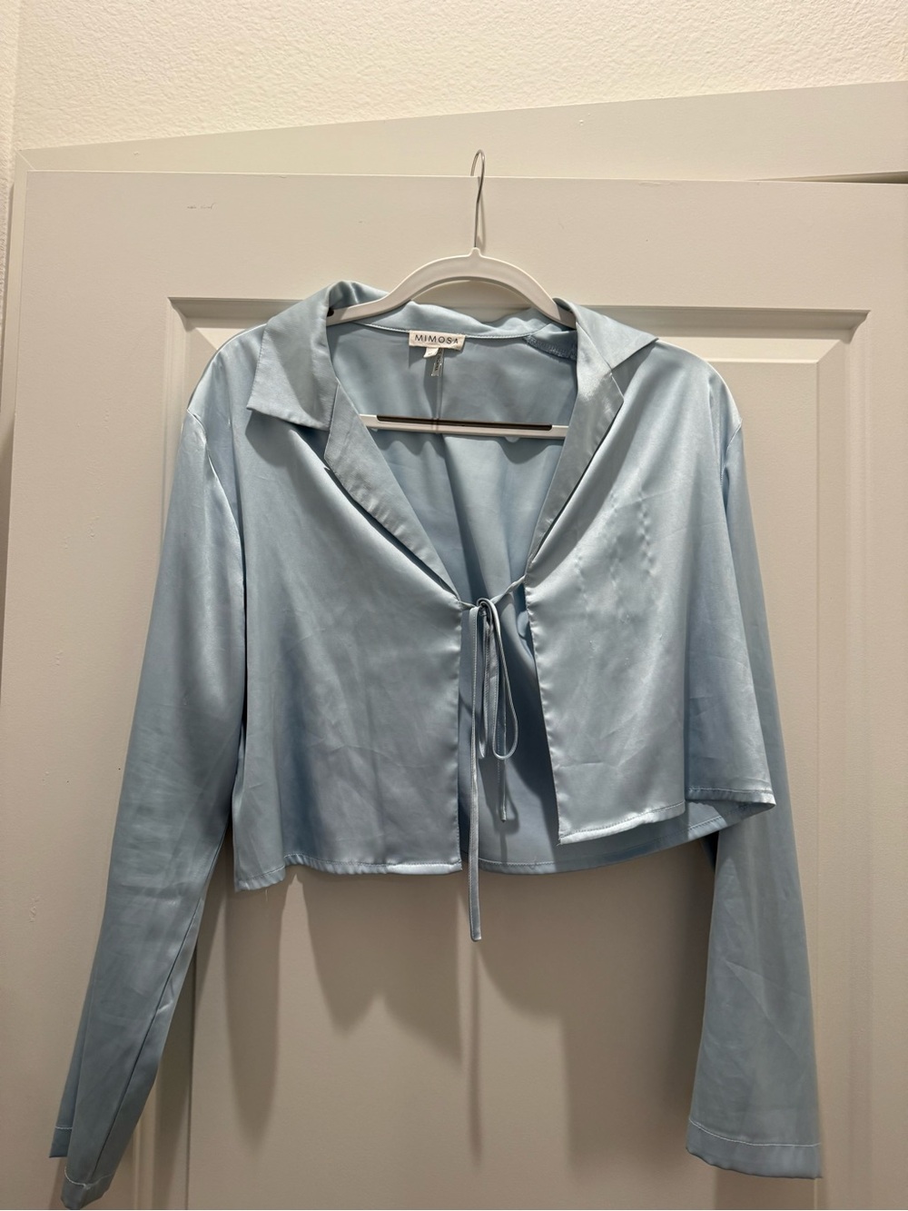 Mimosa Satin Tie Front Cropped Blouse | Light Blue | Size Medium - Picture 2 of 4